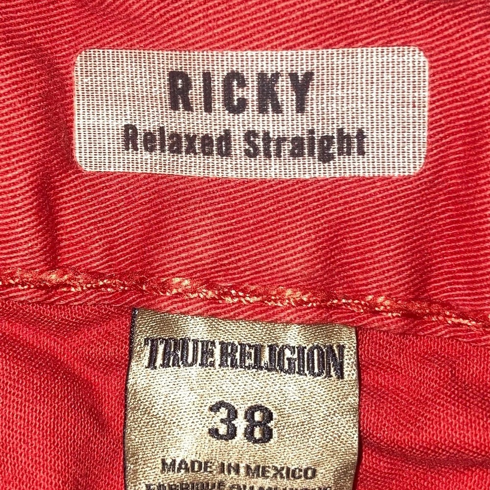 True Religion Ricky Jeans Mens 38x33 Relaxed Straight Flap Pocket Blood Orange - Picture 7 of 9